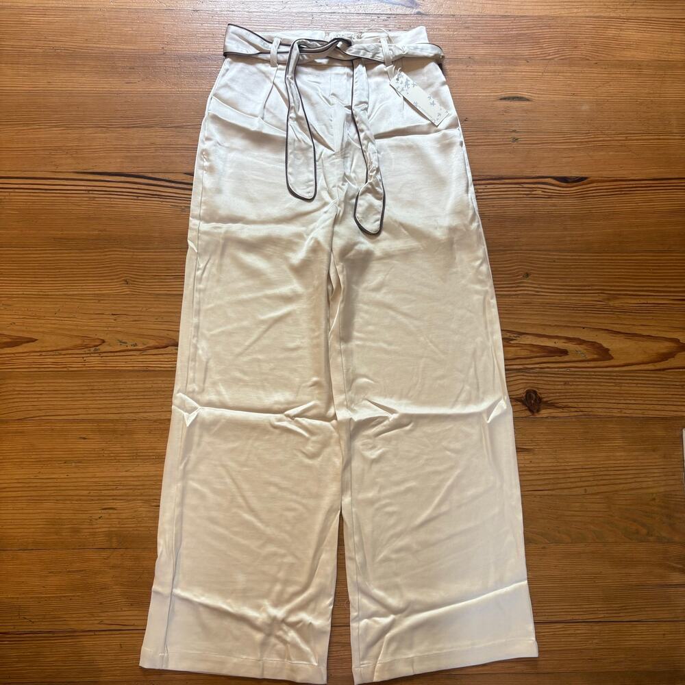 NWT Endless Blu ivory satin wide leg high rise belted pants‎ SIZE M